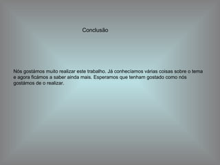 Conclusão Nós gostámos muito realizar este trabalho. Já conhecíamos várias coisas sobre o tema e agora ficámos a saber ainda mais. Esperamos que tenham gostado como nós gostámos de o realizar. 