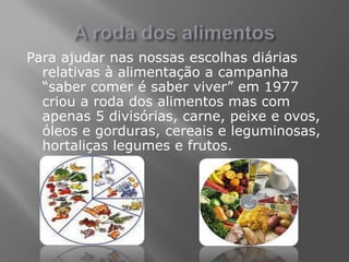 Para ajudar nas nossas escolhas diárias
  relativas à alimentação a campanha
  “saber comer é saber viver” em 1977
  criou a roda dos alimentos mas com
  apenas 5 divisórias, carne, peixe e ovos,
  óleos e gorduras, cereais e leguminosas,
  hortaliças legumes e frutos.
 