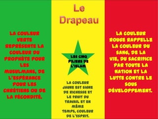 La couleur                           La couleur
     verte                          rouge rappelle
 représente la                       la couleur du
  couleur du                           sang, de la
                     les cinq
prophète pour       piliers de
                                    vie, du sacrifice
      les            l'islam          par toute la
musulmans, de                         Nation et la
  l'espérance                       lutte contre le
                    La couleur
    pour les                              sous
                  jaune est signe
chrétiens ou de    de richesse et   développement.
 la fécondité.      le fruit du
                   travail et en
                       même
                  temps, couleur
                    de l'Esprit.
 