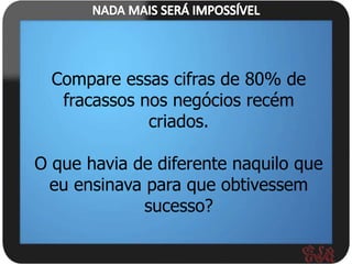 Compare essas cifras de 80% de
   fracassos nos negócios recém
              criados.

O que havia de diferente naquilo que
 eu ensinava para que obtivessem
             sucesso?
 