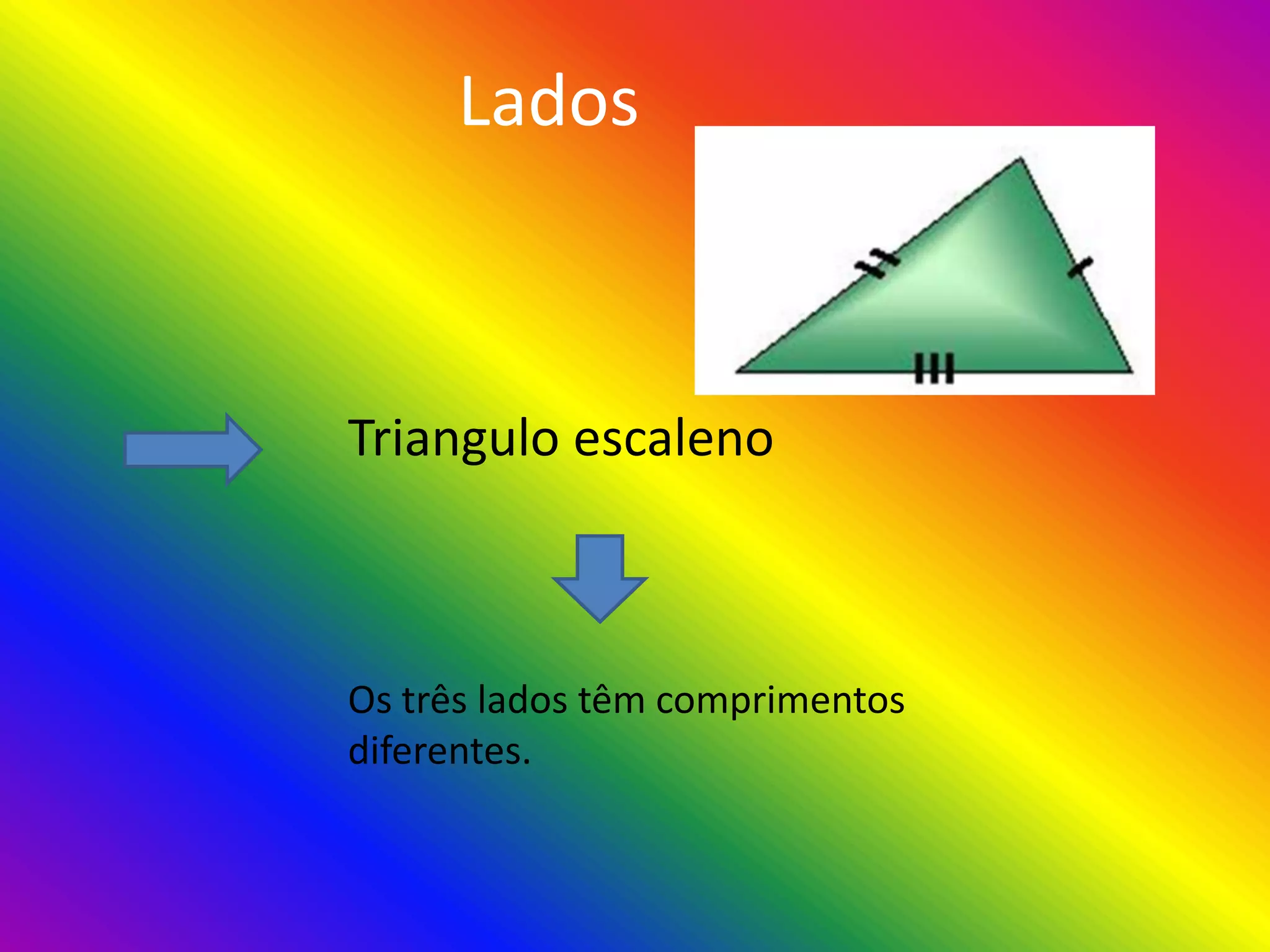 Lados
Triangulo escaleno
Os três lados têm comprimentos
diferentes.