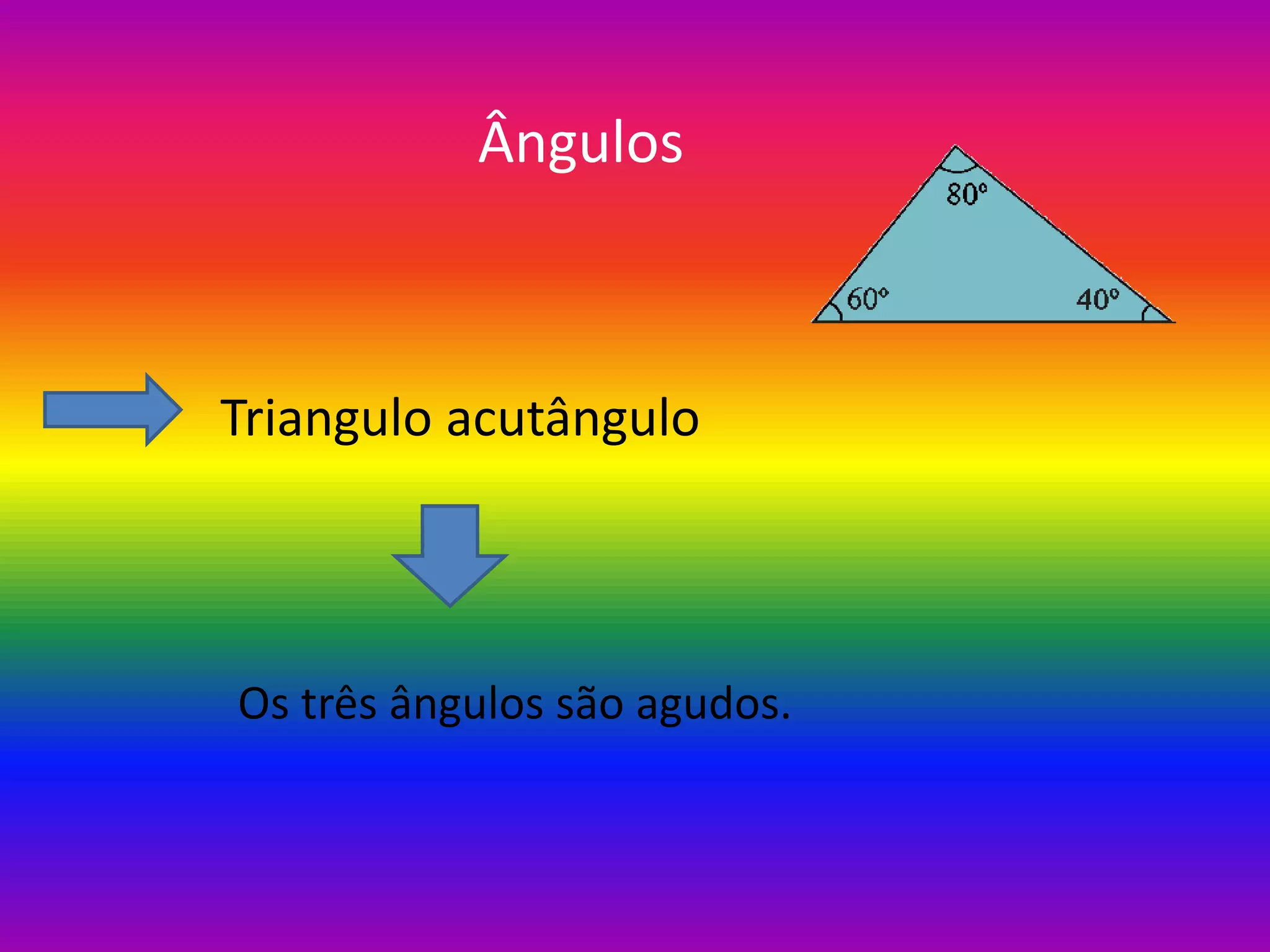 Ângulos
Triangulo acutângulo
Os três ângulos são agudos.