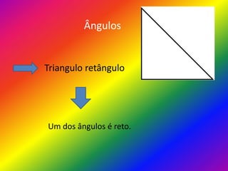 Ângulos
Triangulo retângulo
Um dos ângulos é reto.