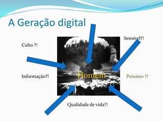 A Geração digital
                                       Sensível?!
  Culto ?!




  Informação?!       Homem              Próximo ?!




                 Qualidade de vida?!
 