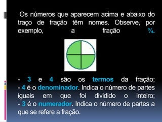 Os números que aparecem acima e abaixo do
traço de fração têm nomes. Observe, por
exemplo,        a        fração         ¾.




- 3 e 4 são os termos da fração;
- 4 é o denominador. Indica o número de partes
iguais em que foi dividido o inteiro;
- 3 é o numerador. Indica o número de partes a
que se refere a fração.
 