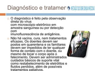 Diagnóstico e tratamento
   O diagnóstico é feito pela observação
    direta do vírus
    com microscópio eletrônico em
    amostra sanguínea ou por detecção
    com
    imunofluorescência de antigênios.
   Não há vacina, cura, nem tratamentos
    eficazes. Os doentes devem ser
    postos em quarentena e os familiares
    devem ser impedidos de ter qualquer
    forma de contato com o doente, ou
    mesmo de tocar o corpo após o
    falecimento. Devem ser administrados
    cuidados básicos de suporte vital
    como restabelecimento de eletrólitos e
    fluidos perdidos, além de possíveis
    tratamentos paliativos.
 