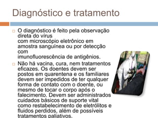 Diagnóstico e tratamento
   O diagnóstico é feito pela observação
    direta do vírus
    com microscópio eletrônico em
    amostra sanguínea ou por detecção
    com
    imunofluorescência de antigênios.
   Não há vacina, cura, nem tratamentos
    eficazes. Os doentes devem ser
    postos em quarentena e os familiares
    devem ser impedidos de ter qualquer
    forma de contato com o doente, ou
    mesmo de tocar o corpo após o
    falecimento. Devem ser administrados
    cuidados básicos de suporte vital
    como restabelecimento de eletrólitos e
    fluidos perdidos, além de possíveis
    tratamentos paliativos.
 
