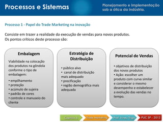 Processos e Sistemas                                        Planejamento e Implementação
                                                            sob a ótica da indústria.



Processo 1 - Papel do Trade Marketing na inovação

Consiste em trazer a realidade da execução de vendas para novos produtos.
Os pontos críticos deste processo são:


        Embalagem                    Estratégia de
                                                                  Potencial de Vendas
                                     Distribuição
  Viabilidade na colocação
  dos produtos na gôndola                                        • objetivos de distribuição
                                • público alvo
  conforme o tipo de                                             dos novos produtos
                                • canal de distribuição
  embalagem:                                                     • Ação: escolher um
                                mais adequado
  • empilhamento                                                 produto com curva similar
                                • precificação
  • proteção                                                     e considerar o mesmo
                                • região demográfica mais
  • acúmulo de sujeira                                           desempenho e estabelecer
                                adequada
  • padrão de cores                                              a evolução das vendas no
  • controle e manuseio do                                       tempo.
  cliente
 