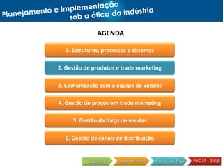 AGENDA

  1. Estruturas, processos e sistemas

2. Gestão de produtos e trade marketing

3. Comunicação com a equipe de vendas

4. Gestão de preços em trade marketing

     5. Gestão da força de vendas

  6. Gestão de canais de distribuição
 
