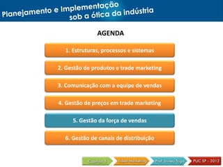 AGENDA

  1. Estruturas, processos e sistemas

2. Gestão de produtos e trade marketing

3. Comunicação com a equipe de vendas

4. Gestão de preços em trade marketing

     5. Gestão da força de vendas

  6. Gestão de canais de distribuição
 