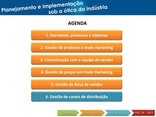 AGENDA

  1. Estruturas, processos e sistemas

2. Gestão de produtos e trade marketing

3. Comunicação com a equipe de vendas

4. Gestão de preços em trade marketing

     5. Gestão da força de vendas

  6. Gestão de canais de distribuição
 