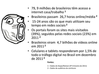 • 79, 9 milhões de brasileiros têm acesso a
  internet casa/trabalho 1
• Brasileiros passam 26,7 horas online/média 2
• 15-24 anos são os que mais utilizam seu
  tempo em redes sociais 2
• Os portais foram os sites mais visitados
  (39%), seguidos pelas redes sociais (23%) em
  2011 2
• Brasileiros viram 4,7 bilhões de vídeos online
  em 2011 2
• Celulares e tablets responderam por 1,5% de
  todo o tráfego digital no Brasil em dezembro
  de 2011 2
             Fontes:
             1 – Dados do Ibope/Nielsen (4º trimestre de 2011)
             2 – Dados de audiência da comScore
 