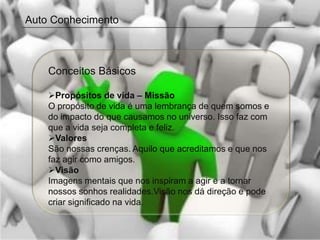 Auto Conhecimento



    Conceitos Básicos

    Propósitos de vida – Missão
    O propósito de vida é uma lembrança de quem somos e
    do impacto do que causamos no universo. Isso faz com
    que a vida seja completa e feliz.
    Valores
    São nossas crenças. Aquilo que acreditamos e que nos
    faz agir como amigos.
    Visão
    Imagens mentais que nos inspiram a agir e a tornar
    nossos sonhos realidades.Visão nos dá direção e pode
    criar significado na vida.
 