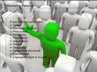 Marketing Pessoal




 O que mancha sua imagem:
  Inveja
  Inércia ou preguiça
  Preconceito
  Arrogância
  Prepotência
  Insegurança
  Timidez
  Depressão
  Descontrole emocional
  Exibicionismo
  Linguagem vulgar e/ ou gíria
 