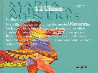 Na Ilha dos Infernos
Nesta ilha vagueavam as almas dos mortos e encontraram
Cérbero o cão de três cabeças que dormia com os olhos
abertos. Ulisses encontra a mãe que lhe contou que em
Ítaca todos pensavam que tinha morrido e que Penélope
tinha vários pretendentes que queriam casar com ela e ficar
com o reino de Ulisses.
 