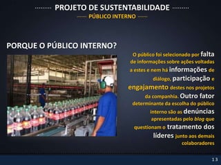 PROJETO DE SUSTENTABILIDADE
                  PÚBLICO INTERNO



PORQUE O PÚBLICO INTERNO?
                                O público foi selecionado por falta
                               de informações sobre ações voltadas
                               a estes e nem há informações de
                                        diálogo, participação e
                              engajamento destes nos projetos
                                   da companhia. Outro fator
                               determinante da escolha do público
                                       interno são as denúncias
                                        apresentadas pelo blog que
                                questionam o tratamento       dos
                                        líderes junto aos demais
                                                     colaboradores

                                                                 13
 