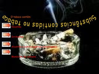 Substâncias contidas no tabaco O tabaco contém: Nicotina Irritantes Alcatrão e outros agentes cancerígenos Monóxido de carbono 