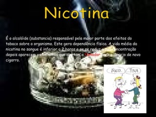 Nicotina É o alcalóide (substancia) responsável pela maior parte dos efeitos do tabaco sobre o organismo. Este gera dependência física. A vida média da nicotina no sangue é inferior a 2 horas e se se reduz a sua concentração depois aparecem os sintomas que alertam o  fumador  para o desejo de novo cigarro. 