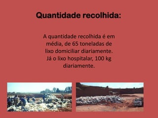 Quantidade recolhida:

 A quantidade recolhida é em
   média, de 65 toneladas de
  lixo domiciliar diariamente.
   Já o lixo hospitalar, 100 kg
           diariamente.
 