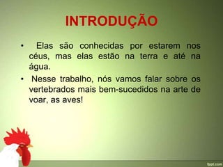 INTRODUÇÃO
•   Elas são conhecidas por estarem nos
  céus, mas elas estão na terra e até na
  água.
• Nesse trabalho, nós vamos falar sobre os
  vertebrados mais bem-sucedidos na arte de
  voar, as aves!
 