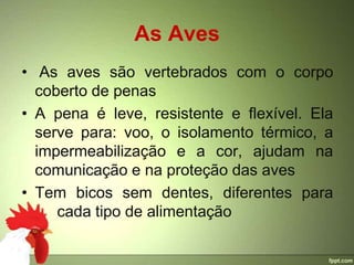 As Aves
• As aves são vertebrados com o corpo
  coberto de penas
• A pena é leve, resistente e flexível. Ela
  serve para: voo, o isolamento térmico, a
  impermeabilização e a cor, ajudam na
  comunicação e na proteção das aves
• Tem bicos sem dentes, diferentes para
     cada tipo de alimentação
 