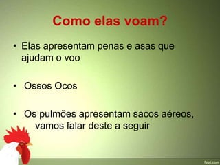 Como elas voam?
• Elas apresentam penas e asas que
  ajudam o voo

• Ossos Ocos

• Os pulmões apresentam sacos aéreos,
    vamos falar deste a seguir
 