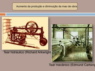 Aumento da produção e diminuição da mao de obra.




Tear hidráulico (Richard Arkwright)


                                  Tear mecânico (Edmund Cartwrig
 