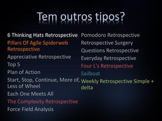 Tem outros tipos?
6 Thinking Hats Retrospective Pomodoro Retrospective
Pillars Of Agile Spiderweb      Retrospective Surgery
Retrospective                   Questions Retrospective
Appreciative Retrospective      Everyday Retrospective
Top 5                           Four L's Retrospective
Plan of Action                  Sailboat
Start, Stop, Continue, More of, Weekly Retrospective Simple +
Less of Wheel                   delta
Each One Meets All
The Complexity Retrospective
Force Field Analysis
 