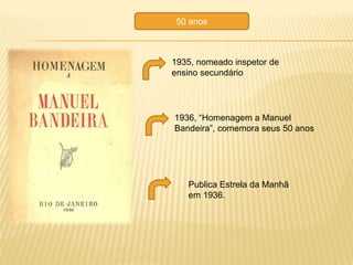 50 anos



1935, nomeado inspetor de
ensino secundário




1936, ―Homenagem a Manuel
Bandeira‖, comemora seus 50 anos




   Publica Estrela da Manhã
   em 1936.
 