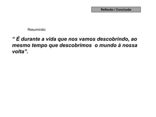 Reflexão / Conclusão




     Resumindo:

“ É durante a vida que nos vamos descobrindo, ao
mesmo tempo que descobrimos o mundo à nossa
volta”.
 