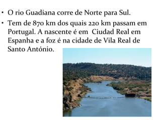 • O rio Guadiana corre de Norte para Sul.
• Tem de 870 km dos quais 220 km passam em
  Portugal. A nascente é em Ciudad Real em
  Espanha e a foz é na cidade de Vila Real de
  Santo António.
 