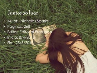 • Autor: Nicholas Sparks
• Páginas: 268
• Editor: Editorial Presença
• Inicio: 8/4/2013
• Fim: 28/5/2013
Juntosao luar
 