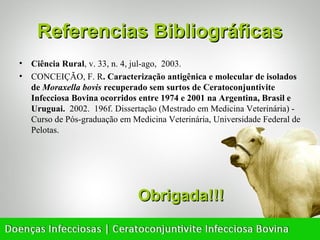 Referencias Bibliográficas
• Ciência Rural, v. 33, n. 4, jul-ago, 2003.
• CONCEIÇÃO, F. R. Caracterização antigênica e molecular de isolados
  de Moraxella bovis recuperado sem surtos de Ceratoconjuntivite
  Infecciosa Bovina ocorridos entre 1974 e 2001 na Argentina, Brasil e
  Uruguai. 2002. 196f. Dissertação (Mestrado em Medicina Veterinária) -
  Curso de Pós-graduação em Medicina Veterinária, Universidade Federal de
  Pelotas.




                              Obrigada!!!
 