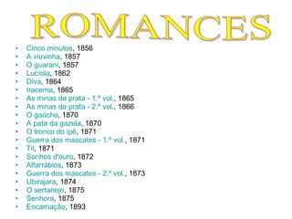 Cinco minutos , 1856  A viuvinha , 1857  O guarani , 1857  Lucíola , 1862  Diva , 1864  Iracema , 1865  As minas de prata - 1.º vol. , 1865  As minas de prata - 2.º vol. , 1866  O gaúcho , 1870  A pata da gazela , 1870  O tronco do ipê , 1871  Guerra dos mascates - 1.º vol. , 1871  Til , 1871  Sonhos  d' ouro , 1872  Alfarrábios , 1873  Guerra dos mascates - 2.º vol. , 1873  Ubirajara , 1874  O sertanejo , 1875  Senhora , 1875  Encarnação , 1893  ROMANCES 