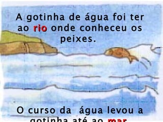 A gotinha de água foi ter ao  rio  onde conheceu os peixes.  O curso da  água levou a gotinha até ao  mar . 