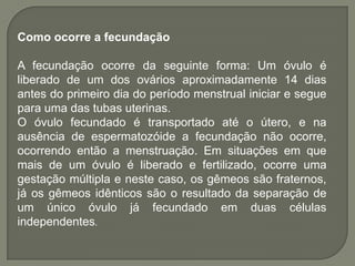 Como ocorre a fecundação

A fecundação ocorre da seguinte forma: Um óvulo é
liberado de um dos ovários aproximadamente 14 dias
antes do primeiro dia do período menstrual iniciar e segue
para uma das tubas uterinas.
O óvulo fecundado é transportado até o útero, e na
ausência de espermatozóide a fecundação não ocorre,
ocorrendo então a menstruação. Em situações em que
mais de um óvulo é liberado e fertilizado, ocorre uma
gestação múltipla e neste caso, os gêmeos são fraternos,
já os gêmeos idênticos são o resultado da separação de
um único óvulo já fecundado em duas células
independentes.
 