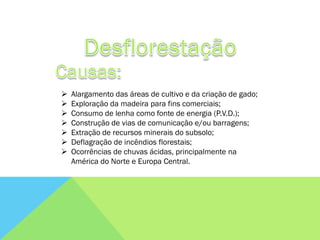    Alargamento das áreas de cultivo e da criação de gado;
   Exploração da madeira para fins comerciais;
   Consumo de lenha como fonte de energia (P.V.D.);
   Construção de vias de comunicação e/ou barragens;
   Extração de recursos minerais do subsolo;
   Deflagração de incêndios florestais;
   Ocorrências de chuvas ácidas, principalmente na
    América do Norte e Europa Central.
 