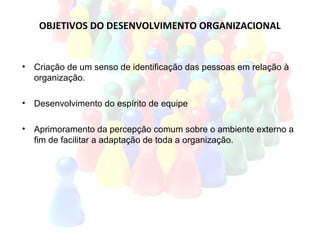 OBJETIVOS DO DESENVOLVIMENTO ORGANIZACIONAL


• Criação de um senso de identificação das pessoas em relação à
  organização.

• Desenvolvimento do espírito de equipe

• Aprimoramento da percepção comum sobre o ambiente externo a
  fim de facilitar a adaptação de toda a organização.
 