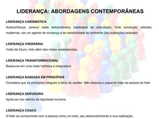 LIDERANÇA: ABORDAGENS CONTEMPORÂNEAS
LIDERANÇA CARISMÁTICA
Autoconfiança, possuir visão extraordinária, habilidade de articulação, forte convicção, atitudes
modernas, ser um agente de mudança e ter sensibilidade ao ambiente (faz avaliações realistas)


LIDERANÇA VISIONÁRIA
Visão de futuro, indo além das metas estabelecidas.


LIDERANÇA TRANSFORMACIONAL
Baseia-se em uma visão holística e integradora


LIDERANÇA BASEADA EM PRINCÍPIOS
Considera que os princípios integram à ética do caráter. Não dissocia o papel do líder da pessoa do líder


LIDERANÇA SERVIDORA
Apóia-se nos valores da dignidade humana.


LIDERANÇA COACH
O líder se compromete com a pessoa como um todo, seu desenvolvimento e sua realização.
 