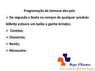 Programação da Semana dos pais
 De segunda a Sexta na compra de qualquer produto
Gillette estoure um balão e ganhe brindes:
 Canetas;
 Chaveiros;
 Bonés;
 Nécessaire.
 