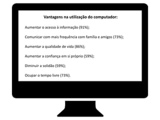 Vantagens na utilização do computador:

Aumentar o acesso à informação (91%);

Comunicar com mais frequência com família e amigos (73%);

Aumentar a qualidade de vida (86%);

Aumentar a confiança em si próprio (59%);

Diminuir a solidão (59%);

Ocupar o tempo livre (73%).
 