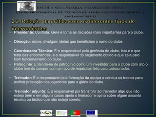 • Presidente: Controla, Gere e toma as decisões mais importantes para o clube.
• Direcção: reúne, divulgam ideias que beneficiam o rumo do clube.
• Coordenador Técnico: É o responsável pela gerência do clube, isto é o que
trata das encomendas, é o responsável do orçamento obtido e que zela pelo
bom funcionamento do clube.
• Patrocínio: Entende-se de patrocínio como um investidor para o clube com isto o
clube tem de cumprir com um tipo de requisitos feito pelo patrocinador.
• Treinador: É o responsável pela formação da equipa e conduz os treinos para
melhor prestação dos jogadores para a glória do clube.
• Treinador adjunto: É o responsável por transmitir ao treinador algo que não
esteja bem e em alguns casos apoia o treinador e opina sobre algum assunto
técnico ou táctico que não esteja correto.
 