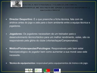 Director Desportivo: É o que preenche a ficha técnica, fala com os
árbitros antes do jogo e zela para o bom ambiente entre a equipa técnica e
jogadores.
Jogadores: Os jogadores necessitam de um treinador para o
desenvolvimento técnico/táctico para um melhor rendimento, estes, são os
responsáveis pela glória do clube (vitorias/taças/Campeonatos).
Médico/Fisioterapeutas/Psicólogos: Responsáveis pelo bem estar
físico/psicológico do jogador bem como aumentar a sua moral caso este
necessite.
Técnico de equipamentos: responsável pelos equipamentos de treino e de jogo.
 