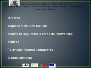 • Árbitros
• Equipas mais Staff técnico
• Forças de segurança e corpo de intervenção
• Publico
• Televisão/ reportes / fotógrafos
• Comité olímpico
 