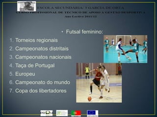 • Futsal feminino:
1. Torneios regionais
2. Campeonatos distritais
3. Campeonatos nacionais
4. Taça de Portugal
5. Europeu
6. Campeonato do mundo
7. Copa dos libertadores
 
