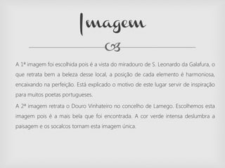 
A 1ª imagem foi escolhida pois é a vista do miradouro de S. Leonardo da Galafura, o
que retrata bem a beleza desse local, a posição de cada elemento é harmoniosa,
encaixando na perfeição. Está explicado o motivo de este lugar servir de inspiração
para muitos poetas portugueses.
A 2ª imagem retrata o Douro Vinhateiro no concelho de Lamego. Escolhemos esta
imagem pois é a mais bela que foi encontrada. A cor verde intensa deslumbra a
paisagem e os socalcos tornam esta imagem única.
Imagem
 
