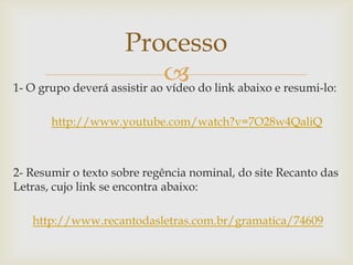 1- O grupo deverá assistir ao vídeo do link abaixo e resumi-lo:
http://www.youtube.com/watch?v=7O28w4QaliQ
2- Resumir o texto sobre regência nominal, do site Recanto das
Letras, cujo link se encontra abaixo:
http://www.recantodasletras.com.br/gramatica/74609
Processo
 
