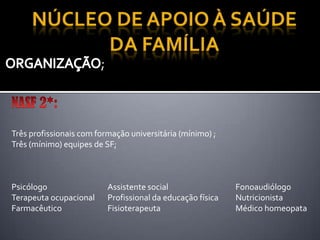 ;
Três profissionais com formação universitária (mínimo) ;
Três (mínimo) equipes de SF;
Psicólogo Assistente social Fonoaudiólogo
Terapeuta ocupacional Profissional da educação física Nutricionista
Farmacêutico Fisioterapeuta Médico homeopata
 