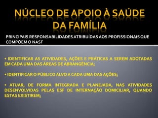 PRINCIPAIS RESPONSABILIDADESATRIBUÍDASAOS PROFISSIONAISQUE
COMPÕEM O NASF
 