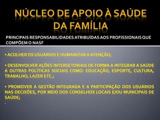 PRINCIPAIS RESPONSABILIDADESATRIBUÍDASAOS PROFISSIONAISQUE
COMPÕEM O NASF
 